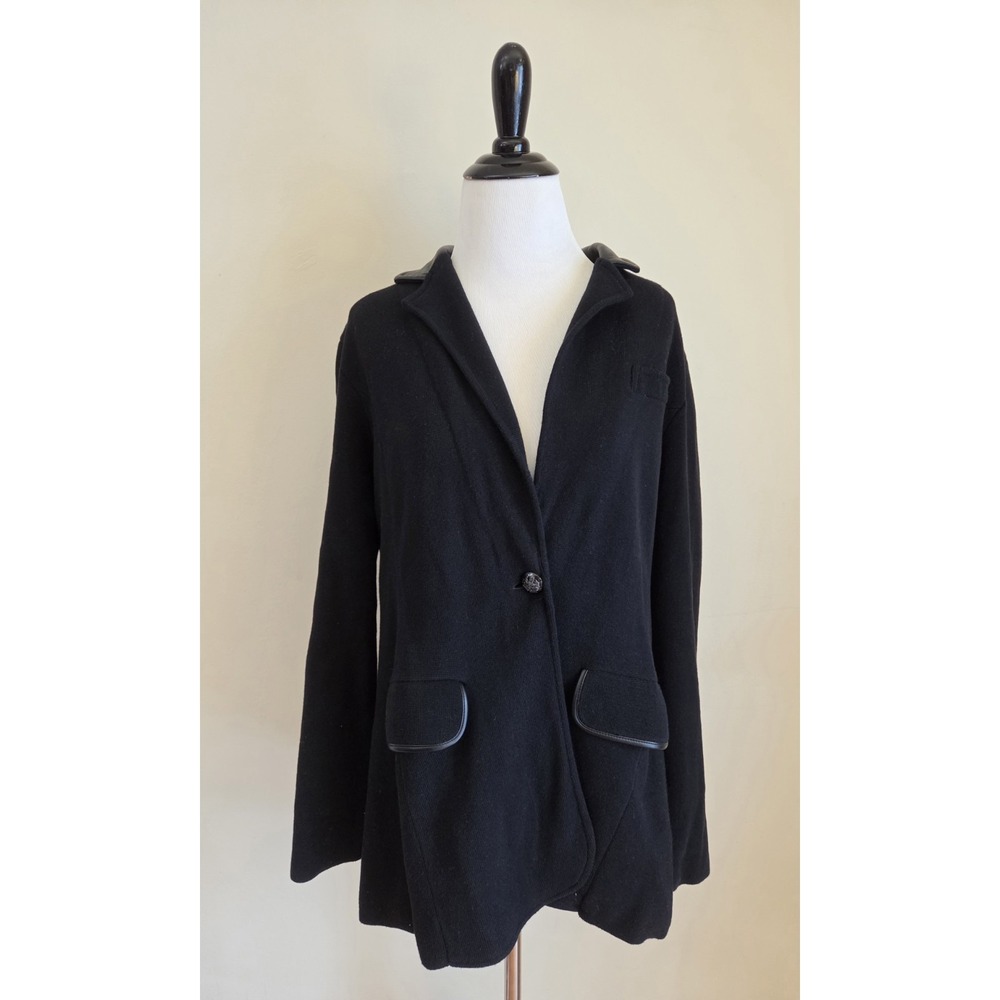 Lauren Ralph Lauren Black Knit Blazer With Faux Leather Collar & Trim Womens‎ L